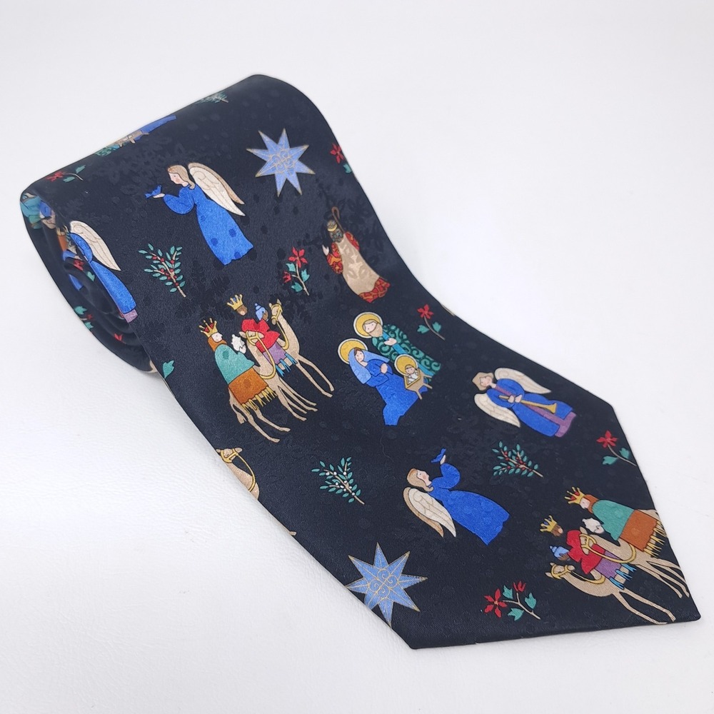 American Greetings 2004 100% Silk Tie Wise Men Angels Nativity Christmas Black